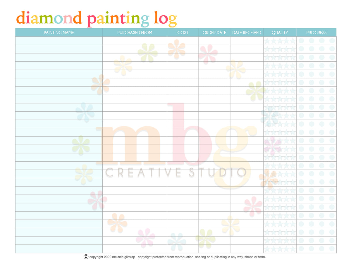 MB's DIAMOND PAINTING KIT LOG: Digital Downloadable & Printable Guide for DPK