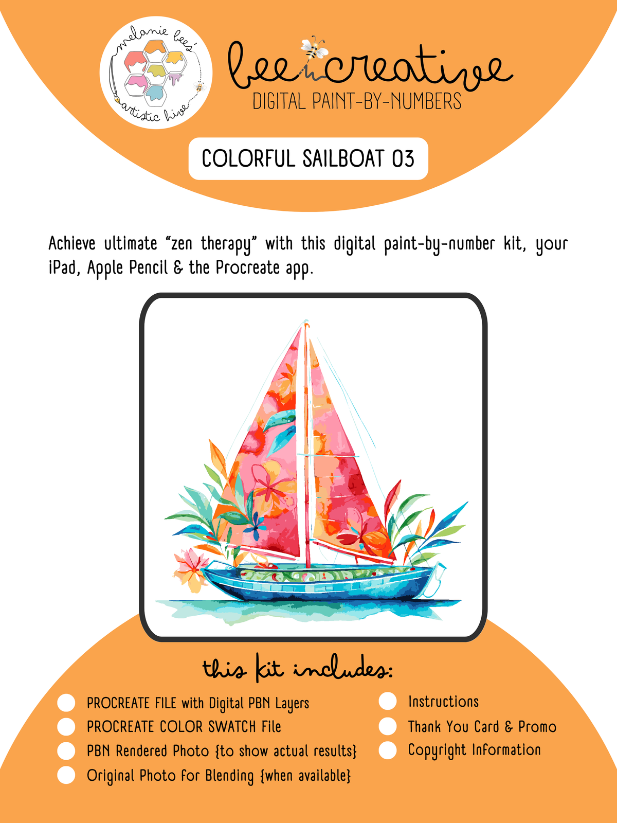 BEE CREATIVE Digital Paint by Number Kit {for Procreate} - COLORFUL SAILBOAT 03