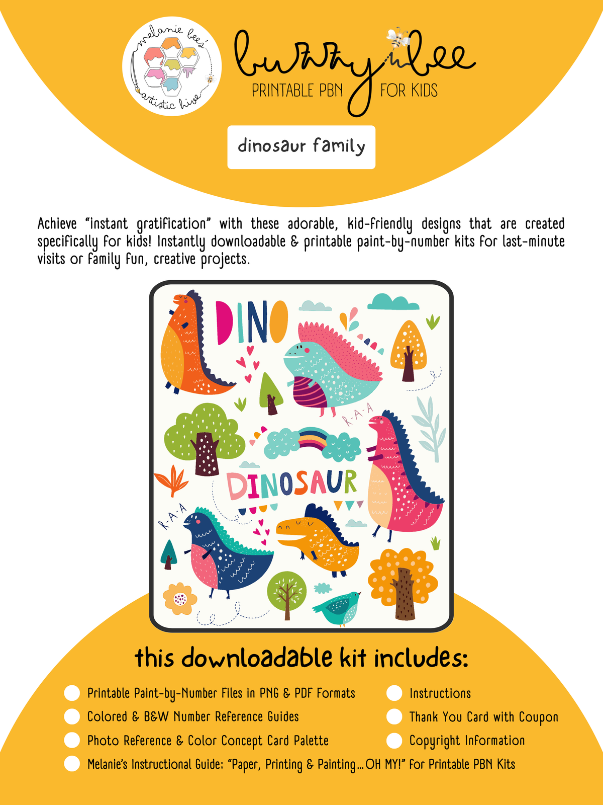 BUZZY BEE KIDS Printable Paint by Number Kit - DINOSAUR FAMILY
