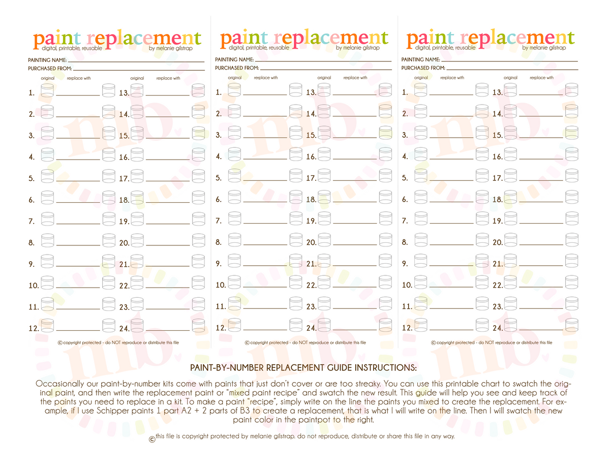 MB's PAINT REPLACEMENT SWATCH GUIDE: Digital Downloadable & Printable Guide for PBN