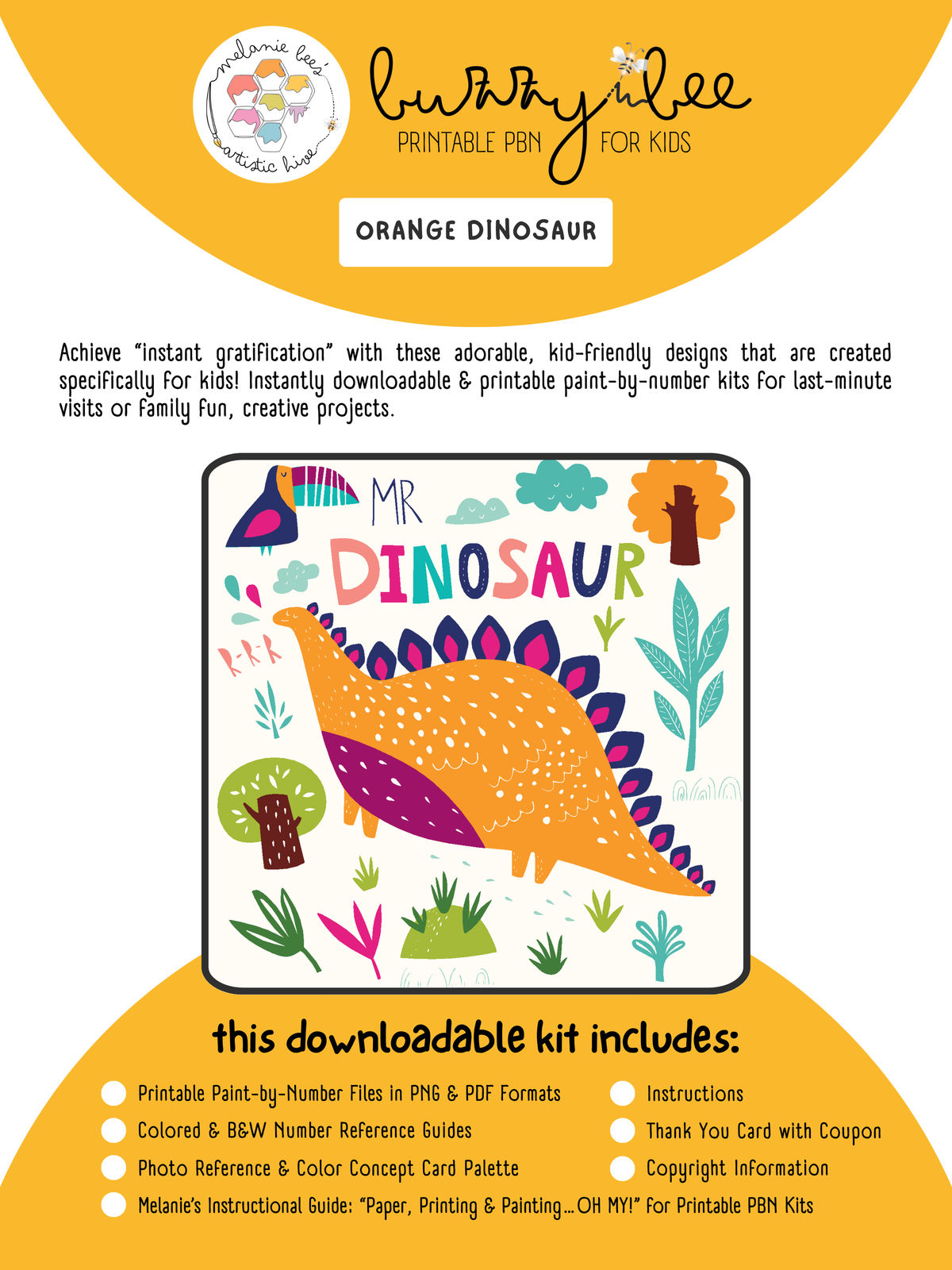 BUZZY BEE KIDS Printable Paint by Number Kit - ORANGE DINOSAUR