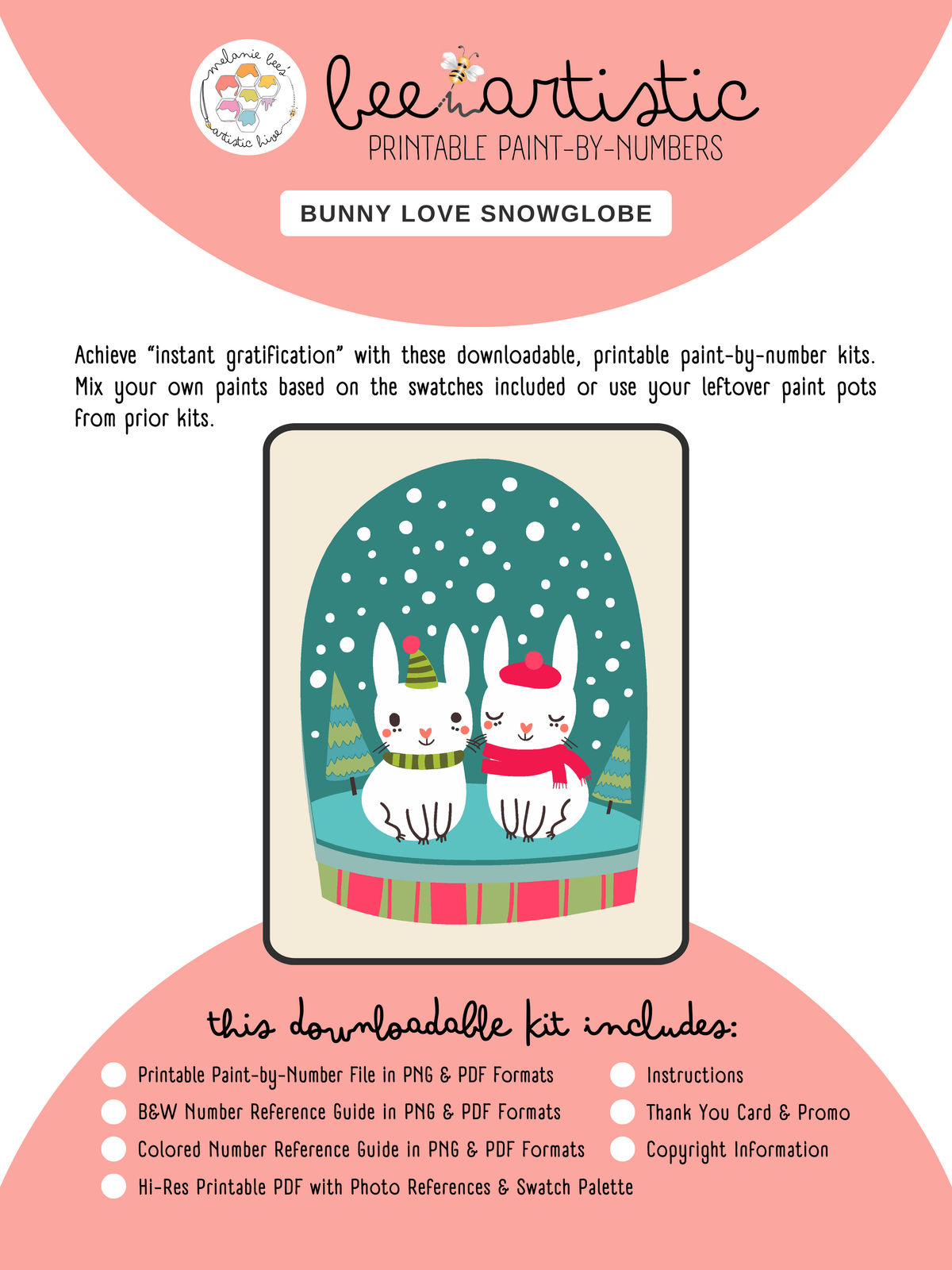 BEE ARTISTIC Printable Paint by Number Kit - BUNNY LOVE SNOWGLOBE
