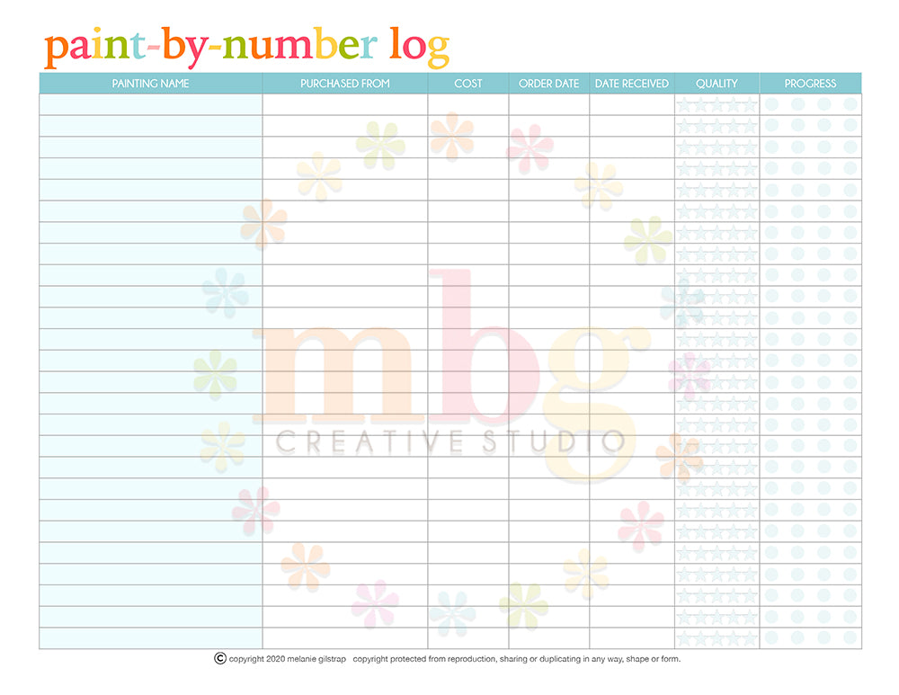 MB's PAINT BY NUMBER KIT LOG: Digital Downloadable & Printable Guide for PBN